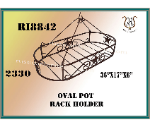 Oval hanging pot rack holder with star and swirl details, dimensions are 30x17x6.