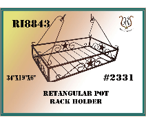 Brown rectangular pot rack holder with stars and swirls, hanging from wire. Text includes RI8843, #2331, and dimensions.