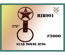 Rustic metal star-shaped towel ring, brown with a surrounding star and a circular towel ring below. Text reads RI8901, 12x5, and #3000 STAR TOWEL RING.
