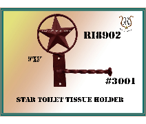 Rustic metal star-shaped toilet tissue holder. The holder is dark brown with a twisting arm.