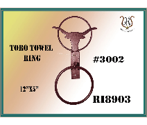 Toro towel ring with a longhorn head design, black metal. The item has a mounting plate, a ring, and model numbers displayed.