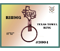 Texas-shaped towel ring, brown metal, with Texas text cutout. Includes mounting bracket and product code.