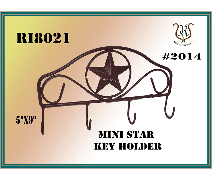 Brown wrought-iron mini star key holder with a star in the center and three hooks, against a gold and teal background.