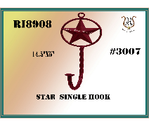 Red metal star-shaped single hook with a twisted stem and a circular loop for hanging.  Text on card: RI8908, 14.5x5, #3007, Star Single Hook.