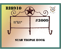 A rusty metal star triple hook with the text Star Triple Hook, and the number 3009.
