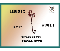 Texas state single hook, brown metal, against a gradient background, with item numbers and dimensions.