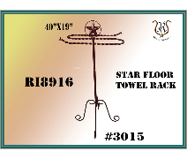 A metal star-shaped floor towel rack. It is brown and has a star at the top. Text displays dimensions and a product number.