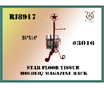 Star-shaped, red metal floor stand holds tissues and magazines. The stand is on a brown background with text labels.