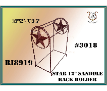 Metal saddle rack with star designs, labeled STAR 12 SADDLE RACK HOLDER. Dimensions: 33x25x13.5.