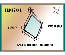 Star Rombo Mirror label with the product ID, size, and price. The mirror is a star-shaped design with a light blue reflective surface.
