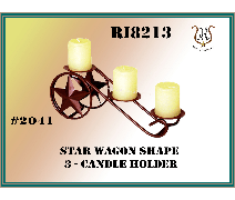 Star-shaped wagon-wheel candle holder holding three yellow candles, against a background with text that reads, Star Wagon Shape 3-Candle Holder.