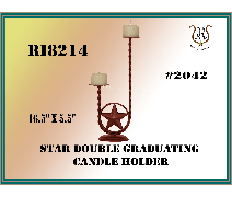 Star-shaped double candle holder with two lit candles, featuring a star at the base; set against a light brown background.