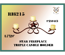 A rustic, brown metal triple candle holder with a star in the center; holds three cream-colored candles.