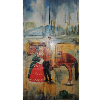 Painted wooden doors depict a couple in traditional Mexican attire, a horse, and desert scenery with cacti.