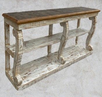 Rustic, white-washed wood console table with a dark brown tabletop and two open shelves.