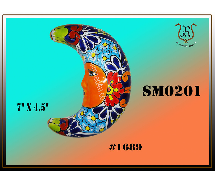 Colorful ceramic crescent moon with a face, decorated with flowers. Text says SM0201 and 7x4.5.