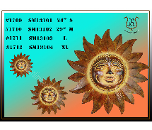 Metal sun face wall hangings in varying sizes, ranging from small to extra large.