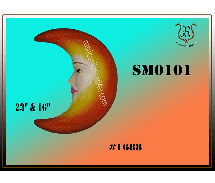 Crescent moon wall decor with a human face, painted in yellow, orange, and red, against a teal and orange gradient background.