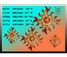 Metal sunburst wall art in various sizes, with a list of product numbers and sizes on a gradient background.
