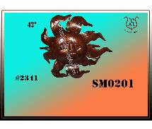 Metal sun wall art, bronze-colored, with a smiling face and radiating rays. SM0201 with dimensions and item numbers.