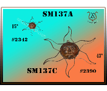 Two metal sun wall decorations, SM137A (15) and SM137C (43), against a teal and orange background.