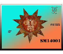 Metal sunburst wall hanging with a face, copper and gold tones, against an orange and turquoise background, labeled #1725 SM14001.