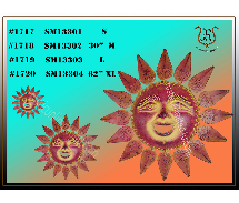 Sun-faced art in various sizes, displayed with product codes on a green to orange gradient background.