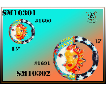 Two ceramic sun and moon wall art pieces: an 8.5 and a 15 in diameter. Both feature a sun and moon design in a colorful ring.