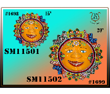 Two sun-faced wall decorations, one 15 and one 20. Orange faces, colorful decorative frames.