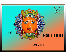 Colorful, ceramic sun face wall hanging. The sun is orange with blue eyes and surrounded by vibrant floral and blue designs.