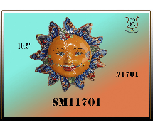 Colorful ceramic sun wall hanging with a smiling face and blue and floral-patterned rays.