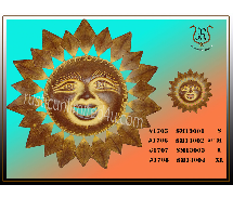 A sun-shaped metal wall hanging with a smiling face and spiky rays, accompanied by a smaller version and product details against a teal and orange gradient background.