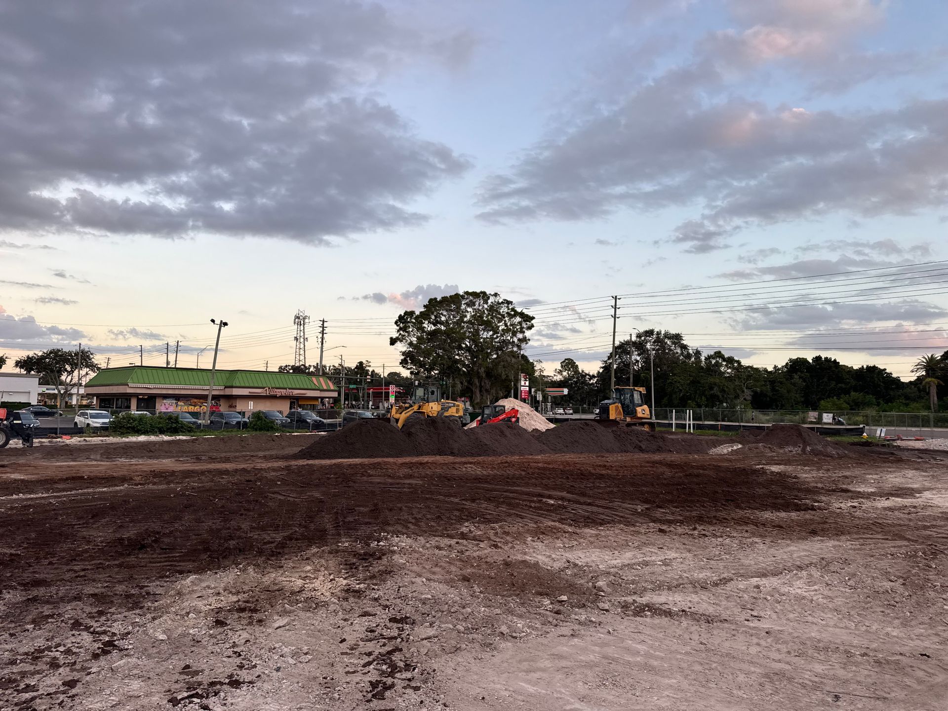 Wide dirt lot at dusk with a large tree, distant buildings, and cloudy sky