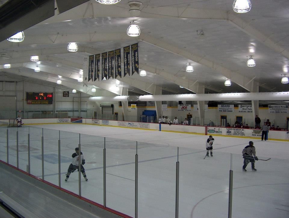 A hockey rink with a banner that says ' hurricanes ' on it