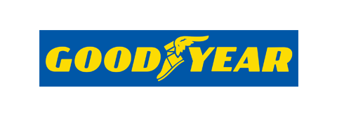 Goodyear logo with yellow text on a blue background. The “O” has a winged foot graphic.