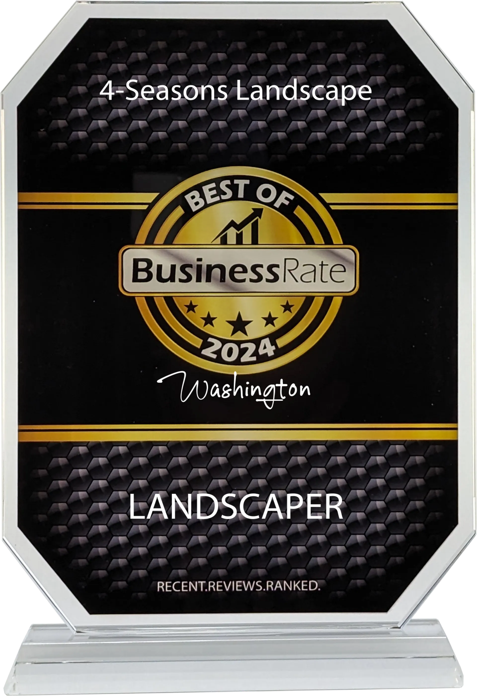 Award for 4-Seasons Landscape: "Best of BusinessRate 2024" for landscaper in Washington. Black and gold octagon.