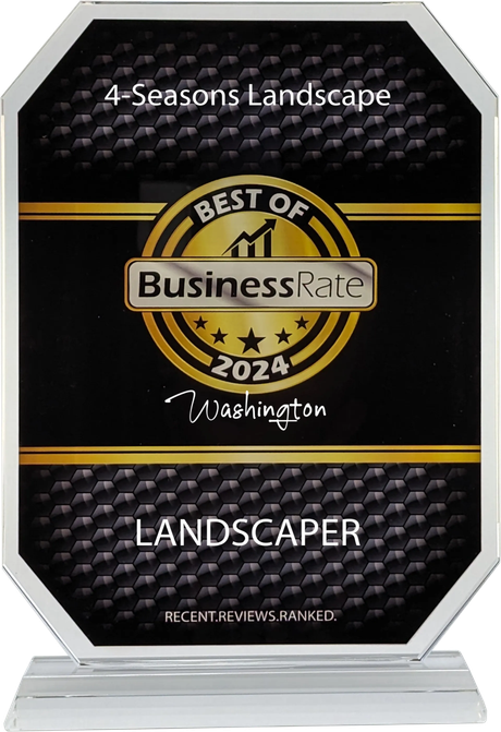 Award for 4-Seasons Landscape: "Best of BusinessRate 2024" for landscaper in Washington. Black and gold octagon.