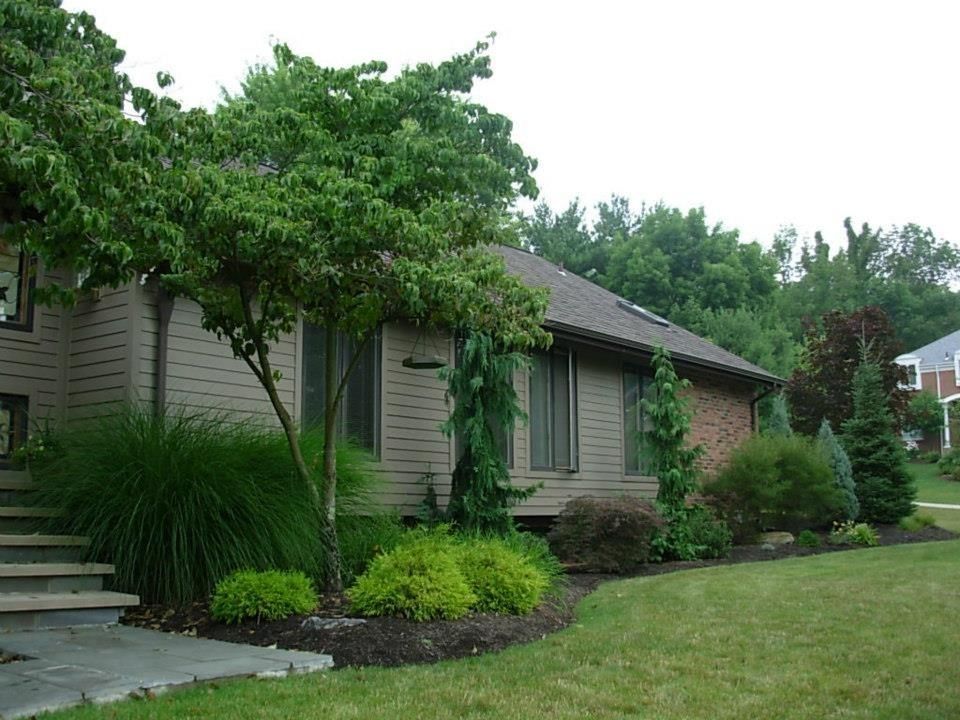 Beige house with lush green landscaping, including trees, shrubs, and lawn.