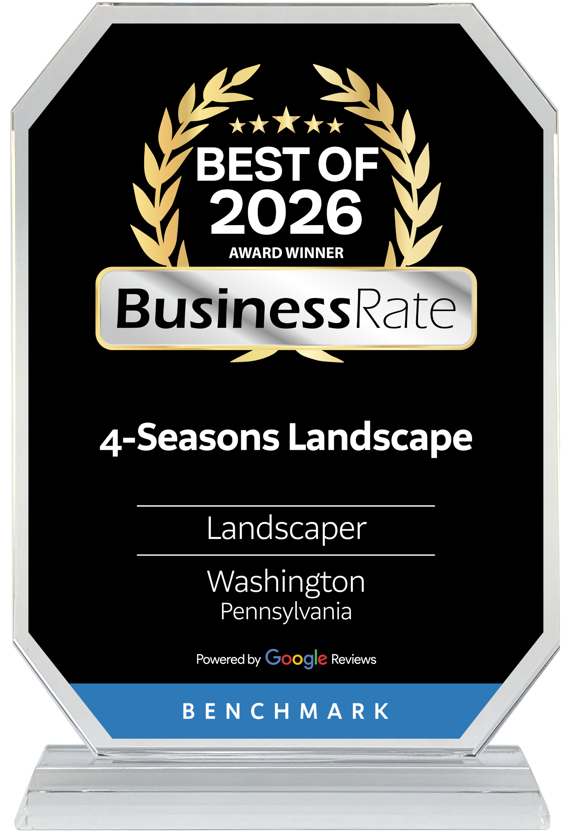 An octagonal glass award for 4-Seasons Landscape, winner of the 2026 BusinessRate Best Landscaper in Washington, PA.