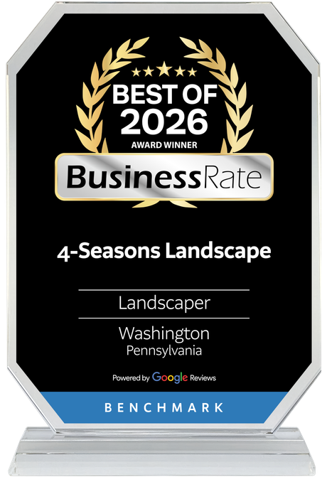 An octagonal glass award for 4-Seasons Landscape, winner of the 2026 BusinessRate Best Landscaper in Washington, PA.