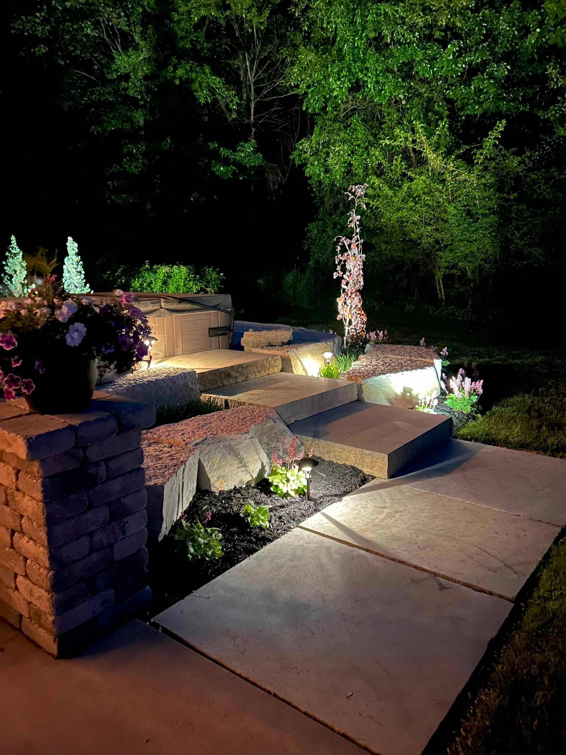 A walkway is lit up at night in a backyard.