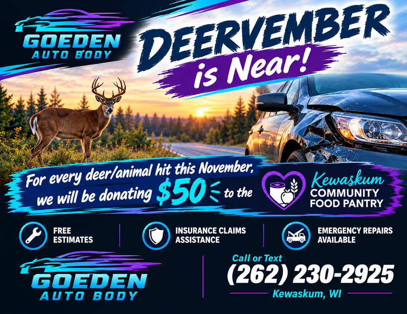 Goeden Auto Body “Deervember is Near!” deer-themed ad with $50 donation and phone number 262-230-2925