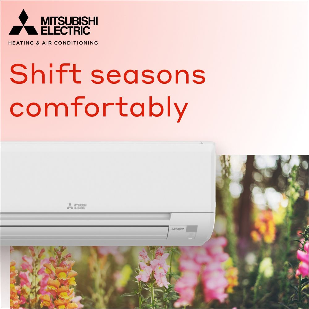 An ad for Mitsubishi electric air conditioners that says shift seasons comfortably