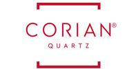Logo for Corian Quartz, red text and outline.