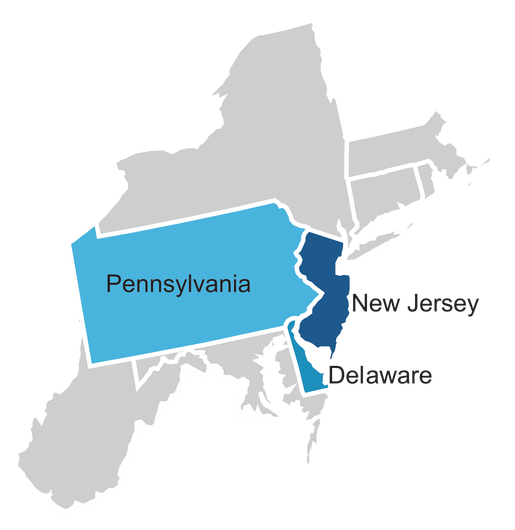 Map of Pennsylvania, New Jersey, and Delaware