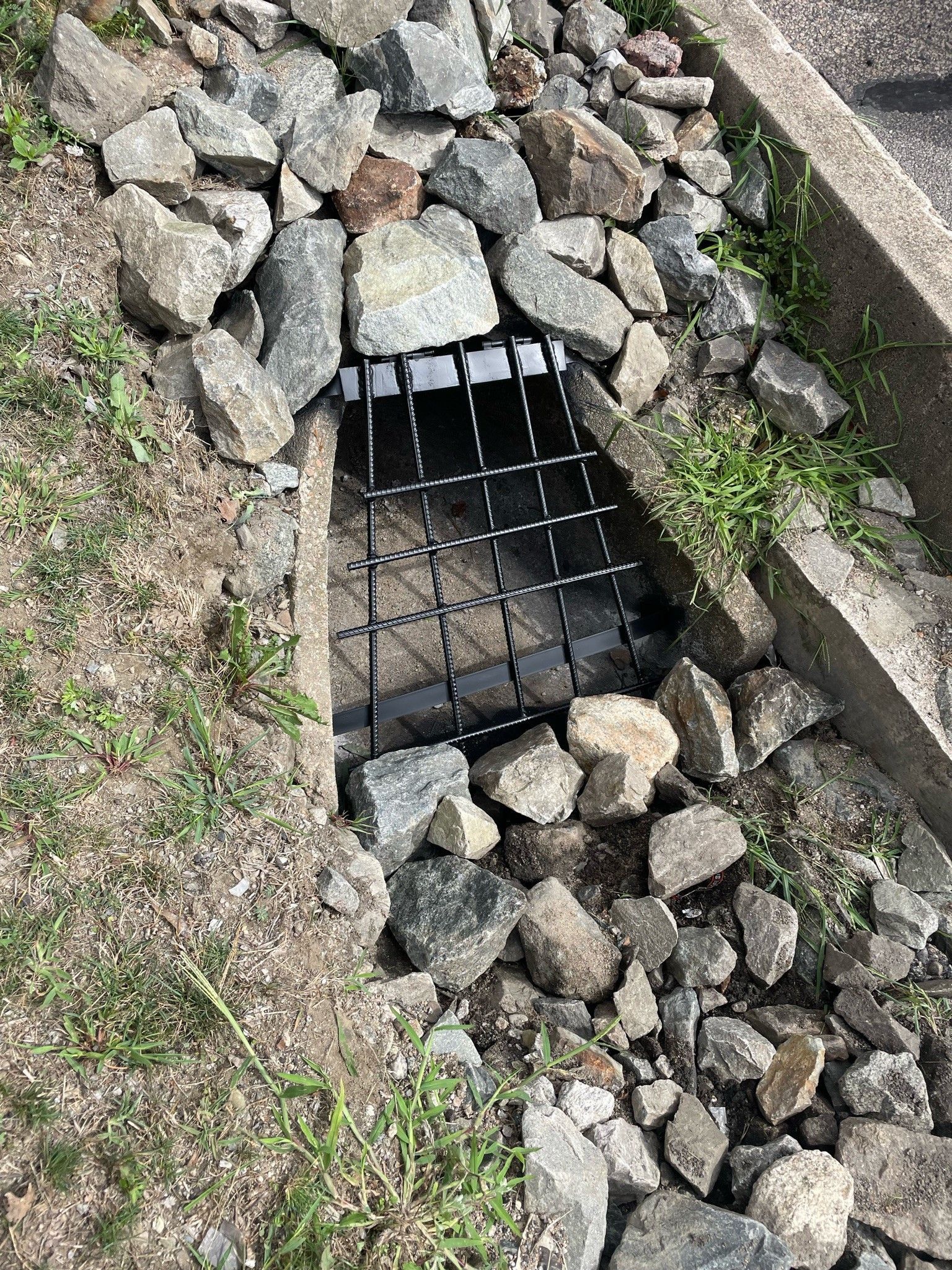 A drain is surrounded by rocks and grass on the side of the road.