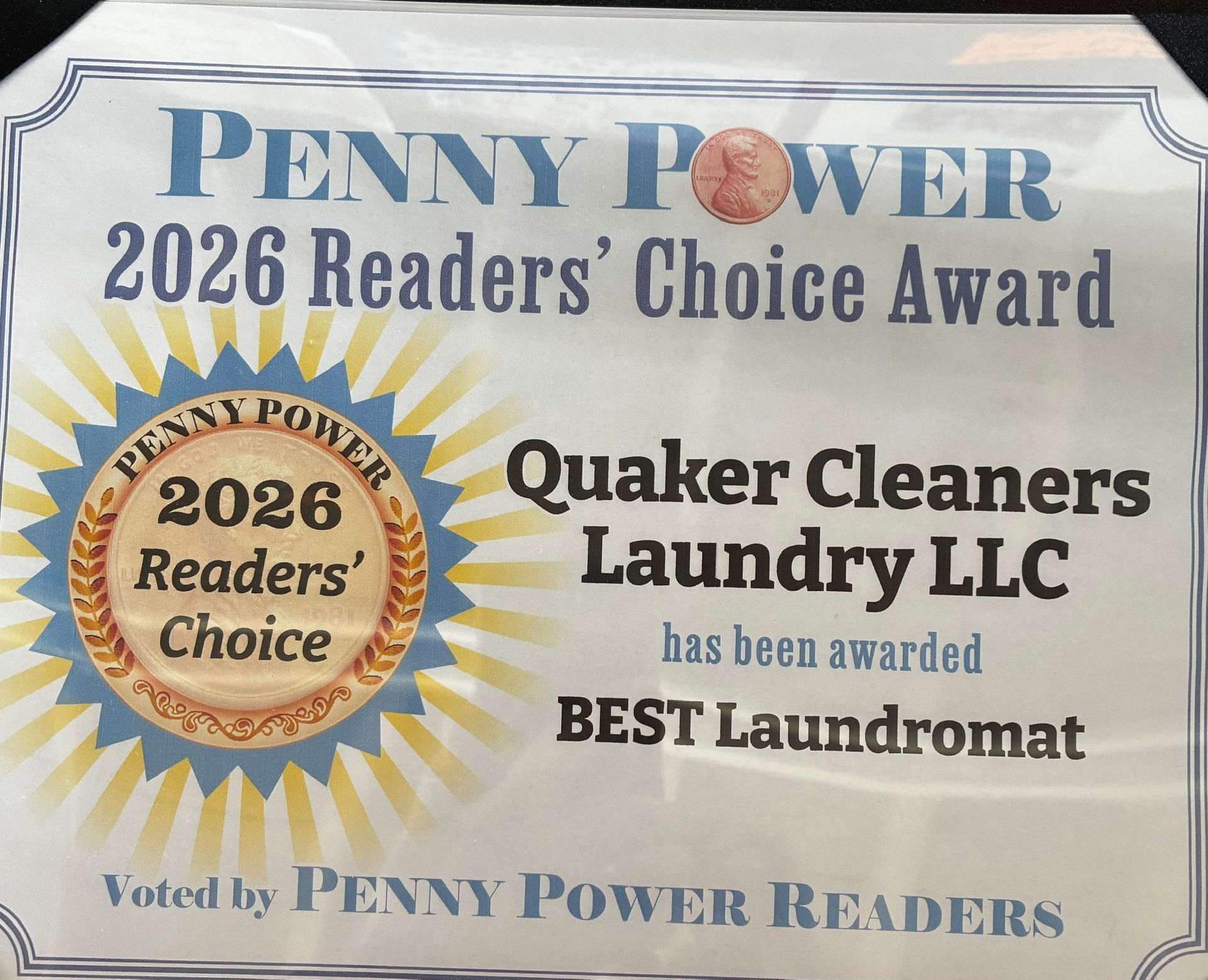 Penny Power 2026 Readers’ Choice Award certificate for Quaker Cleaners Laundry LLC, Best Laundromat