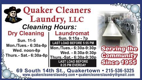Business card for Quaker Cleaners Laundry, LLC in Quakertown, PA. Displays cleaning hours for dry cleaning and laundromat services. Includes contact information.