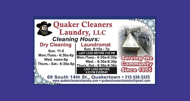A business card for Quaker Cleaners Laundry, LLC, showing cleaning hours for dry cleaning and laundromat services at 65 South 14th St, Quakertown.