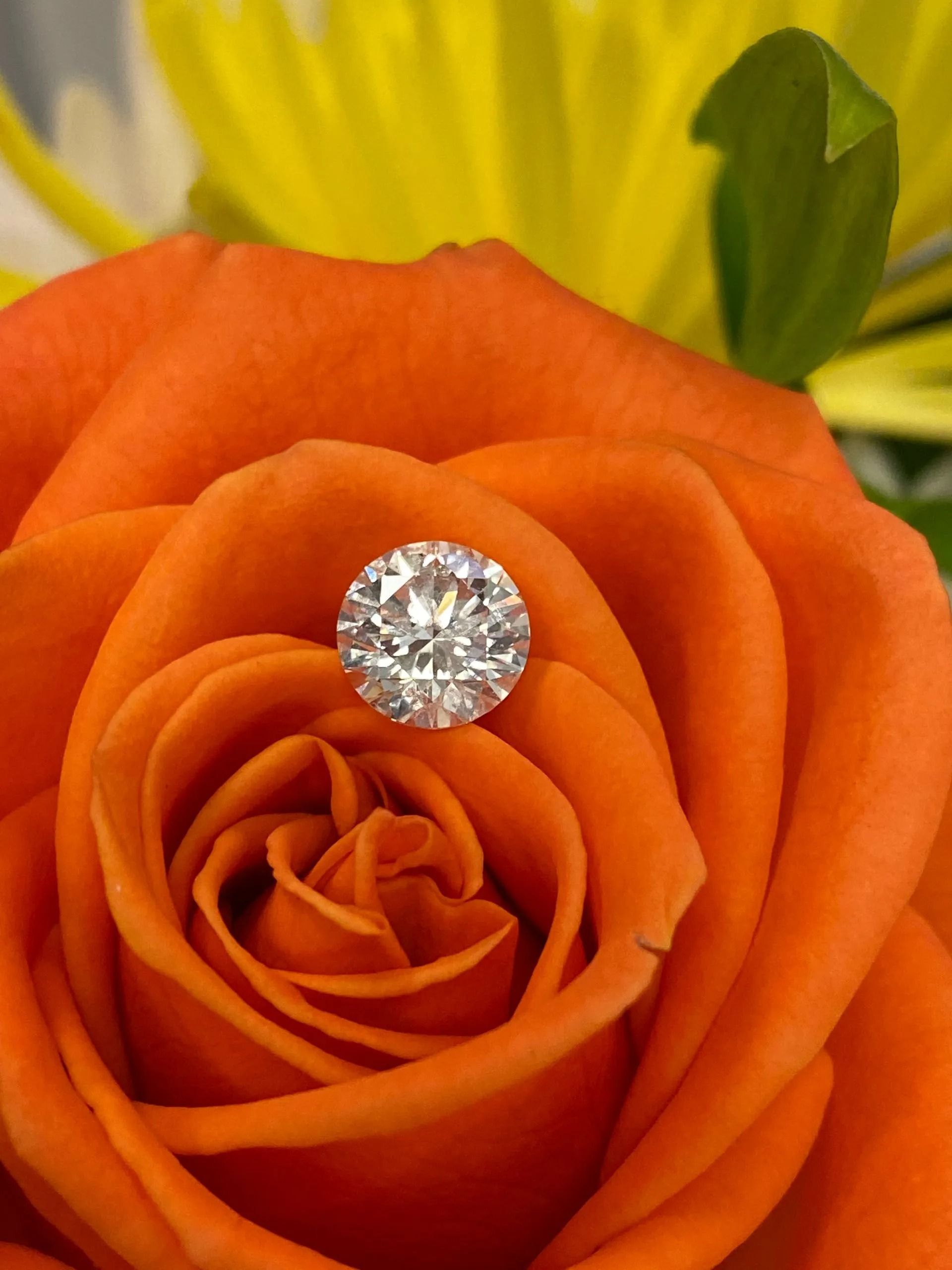 Orange rose with a diamond ring centered on its petals, with a yellow flower in the background